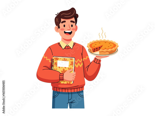 Man holding a freshly baked pie and a book: A cheerful man, warmly dressed, proudly presents a delicious, freshly baked pie, evoking a sense of comfort and contentment. He holds a book.