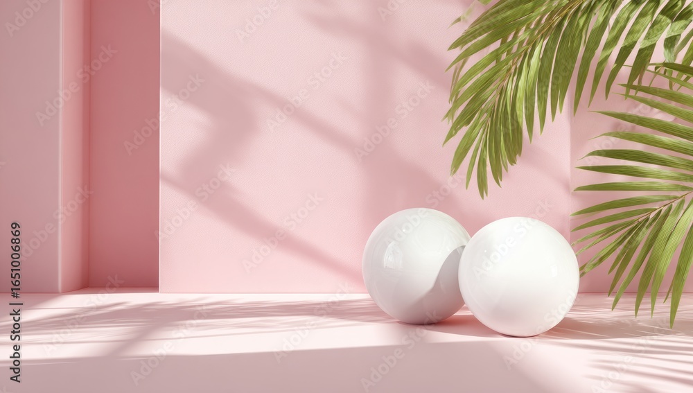 Fototapeta premium Soft pink room with palm leaves and spheres
