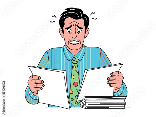 Overwhelmed with Documents: A business professional stares in shock as he is in a state of distress over a stack of paperwork and documents, symbolizing work pressure and stress.