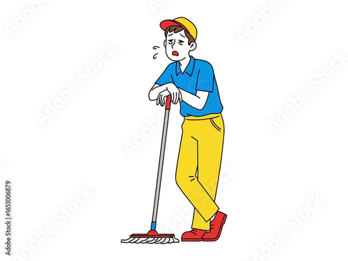 Weary Maintenance Worker: A maintenance worker, appearing exhausted, leans against a mop. The image evokes feelings of labor, fatigue.