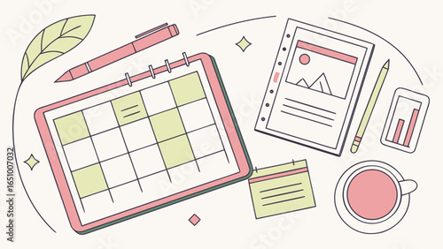 Desk with calendar notes pen and coffee cup flat lay illustration