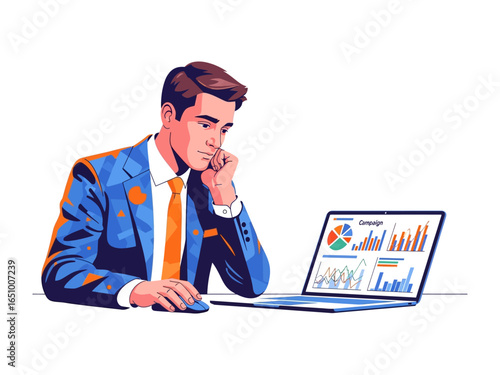 Focused Analysis: An illustration of a businessman engrossed in meticulous analysis on his laptop. The image captures the essence of professional focus and data-driven decision-making.