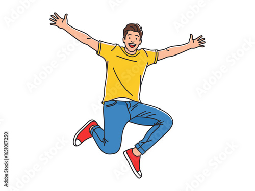 Joyful Leap: A joyful individual leaps, arms outstretched, embodying pure exhilaration and freedom. Witness this vector illustration showcasing pure freedom, expressing delight