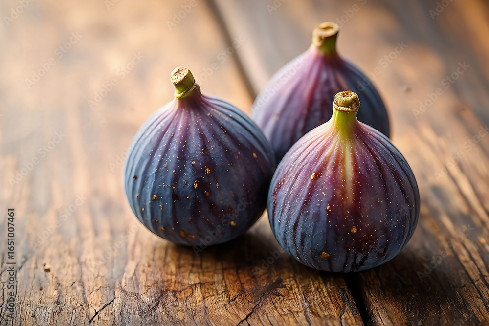 Obraz premium A trio of fresh figs arranged on an aged wooden surface