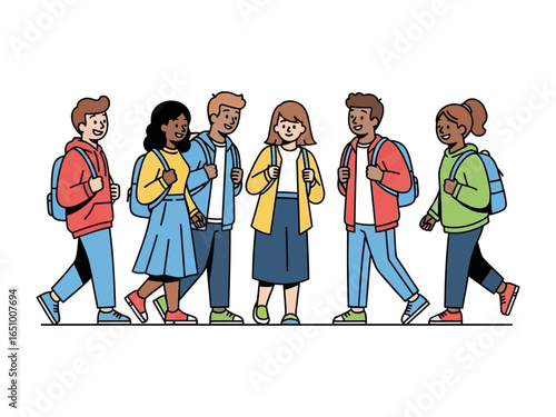 School Group: A diverse group of students, each with a backpack, walks together, creating a harmonious illustration of youth and education, representing community, friendship, and a shared journey.
