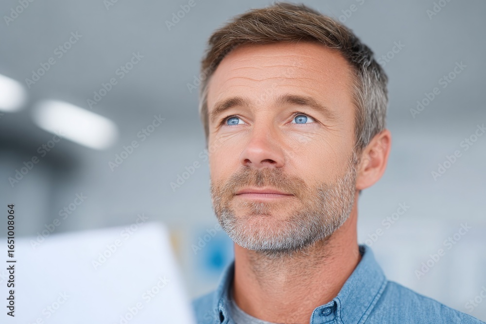 Fototapeta premium Thoughtful man gazing upward, holding documents, reflecting on i