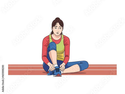 Runner in Distress: A female runner, seated on the track, pauses to assess her foot, possibly injured or in discomfort, reflecting on the physical demands of sport and personal endurance.