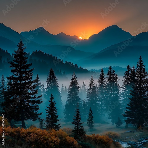 Sunset over mountain range with silhouetted trees and orange sky in a misty forest landscape