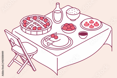Illustration of a festive holiday meal laid out on a table with a chair