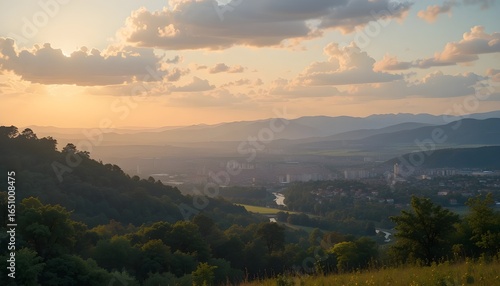 Beautiful Summer Landscape with City Skyline in the Background