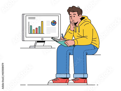 Data Analysis: A focused individual delves into data, visualizing information on a monitor screen and taking notes in a graphic style that underscores strategic thinking and business acumen.