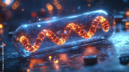 Glowing DNA Strand in Glass Capsule Laboratory Closeup, Blue Liquid Background with Holographic Lighting and 30% Left Space