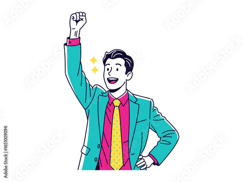 Man's triumphant pose: A dynamic illustration of a confident man, with his fist clenched and raised in a gesture of triumph, against a clean background. The illustration exudes energy and success.