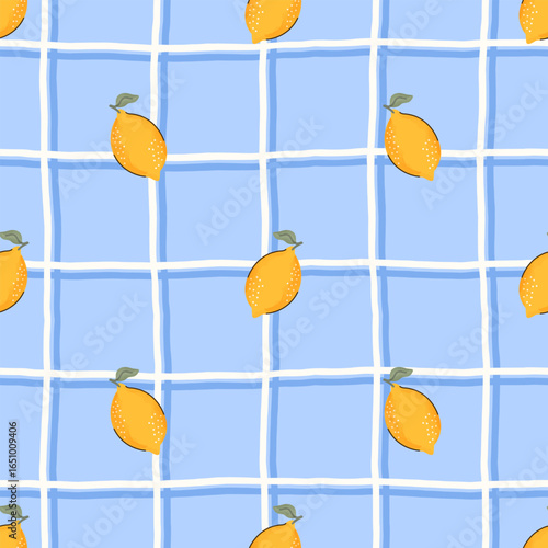 Seamless vector pattern of lemons on a checkered background. Bright, fresh and summery design ideal for textiles, packaging, kitchen decor and seasonal projects