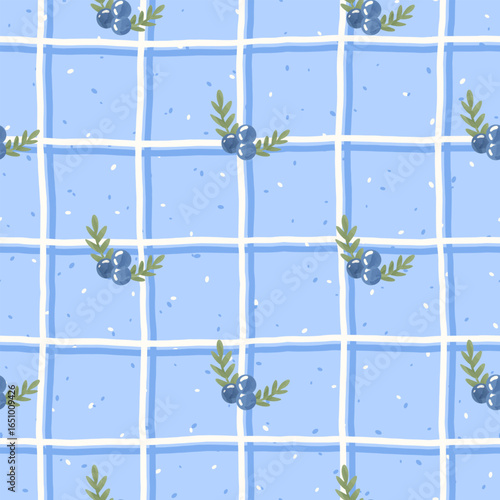 Seamless vector pattern with blueberries, green leaves on checkered background with small speckles. Design for packaging, textiles, and holiday-themed products, New Year, Christmas