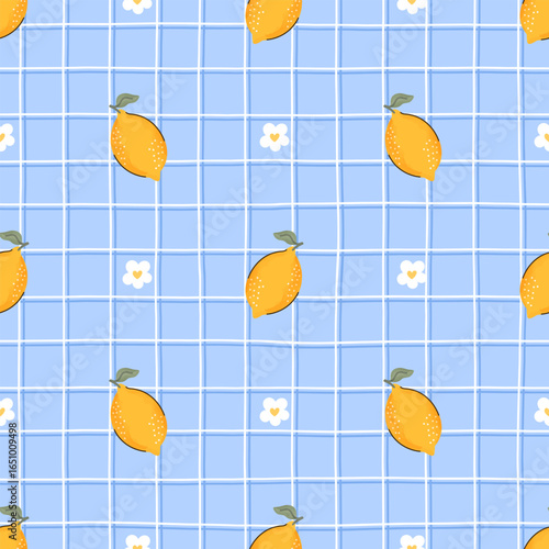 Seamless vector pattern of lemons and flowers on a checkered background. Bright, fresh and summery design ideal for textiles, packaging, kitchen decor and seasonal projects