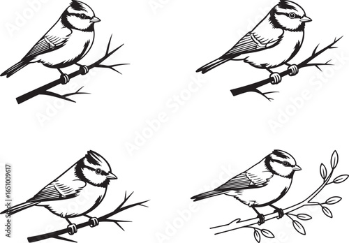 Minimal black silhouette of a Eurasian blue tit perched on twig, Set of four bird silhouettes, vector illustration of small songbirds perched on a tree branch.