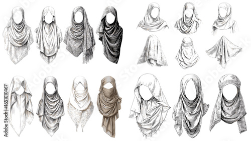 Set of fashion sketches showing various hijab draping styles with soft folds and realistic fabric texture. Perfect for pattern ideas, styling guides, lookbooks, and modest fashion branding.
