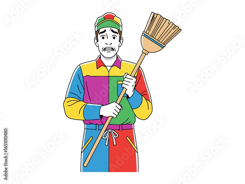 The Burden of Maintenance: A street cleaner, holding a broom, wears a look of unease. A visual that portrays duty, work, and responsibility.