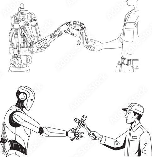 Conductor leading orchestra, black and white line art illustration
