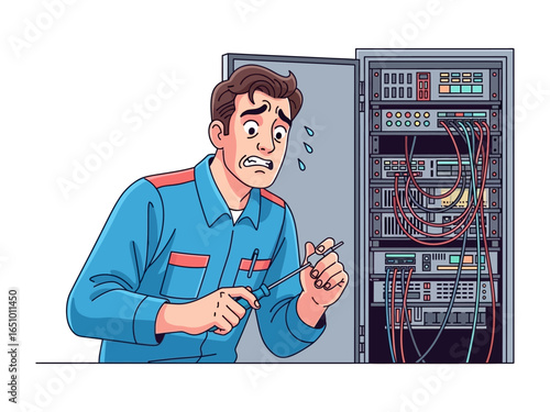 Server Room Woes: A technician's face reflects mounting concern as he confronts a complex server room setup, showcasing the intricate network of wires and equipment.