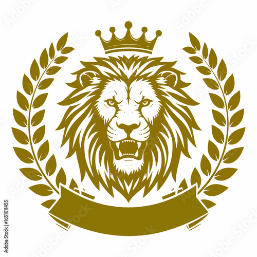 Golden Lion Head with Crown and Laurel Wreath Emblem
