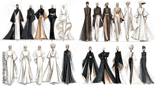Monochrome fashion illustrations of modest couture with robes, gowns, and capes in clean black and white palettes, highlighting elegant lines and layers. Ideal for trend decks and branding.