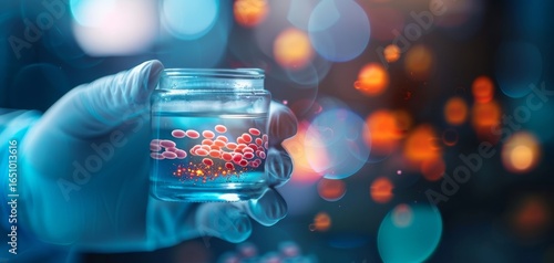 A hand holds a jar filled with colorful liquid and microorganisms, illuminated by blurred lights in the background, suggesting a laboratory or scientific context.