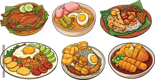 Vector of Indonesian traditional food: grilled fish, lontong sayur, gudeg rice, fried rice, ketoprak, pempek.