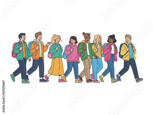 School Journey: A group of cheerful students, each with a backpack, stride confidently toward school, embodying the spirit of education and shared experiences.