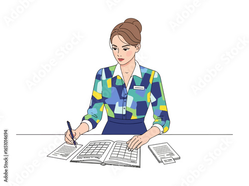 Stewardess Working: An illustrated view captures an airline stewardess busily working.