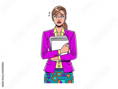 Anxious Businesswoman: A concerned businesswoman, clutching a stack of documents, stands in a moment of worry, symbolizing the challenges of her professional world.