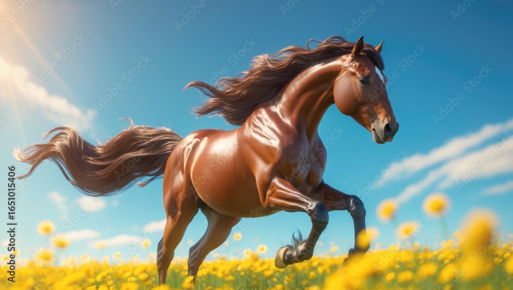 Obraz premium A brown horse running through a yellow flower field under a blue sky with clouds.
