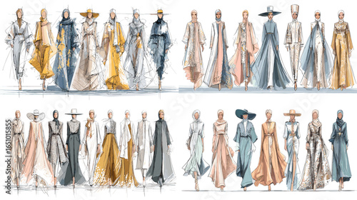 Elegant runway sketches of modest womenswear featuring flowing robes, gowns, and layered outfits in soft neutrals with teal accents and stylish hats and scarves. Great for lookbooks and branding.