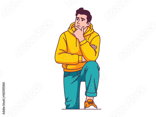 Man in Contemplation: A man stands thoughtfully, chin resting on hand, pondering his life and decisions. He's dressed in a vibrant yellow hoodie and striking blue pants, against a clean backdrop