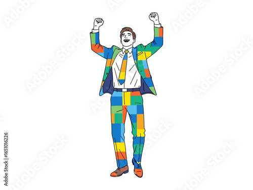 Excited Business Man: A vector illustration of an exuberant businessman in a colorful suit celebrating a milestone or achieving success, his arms raised in victory.