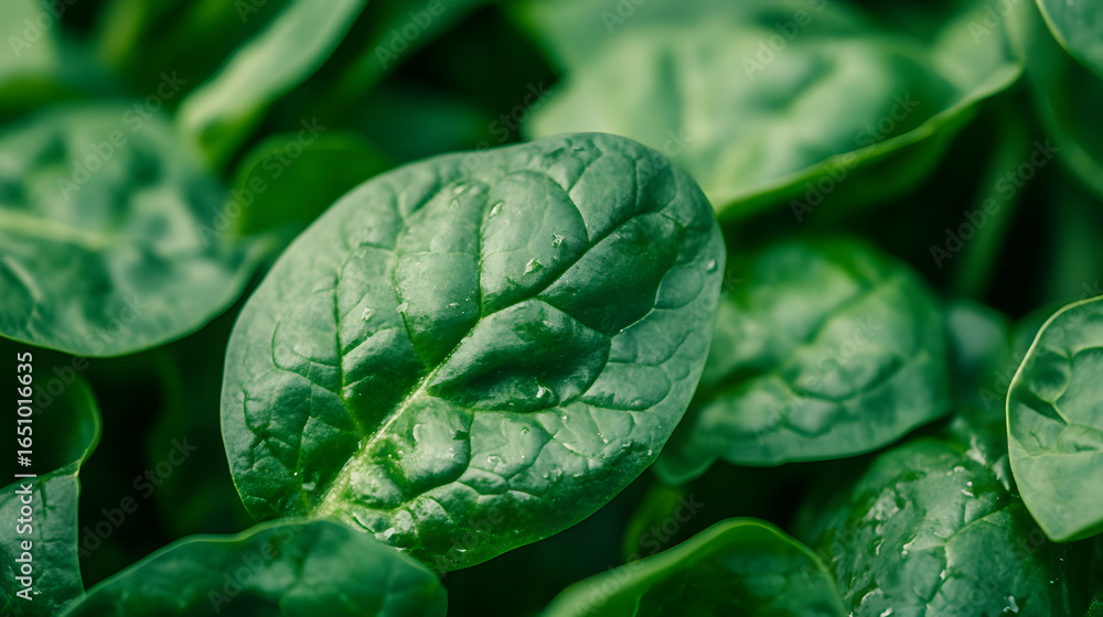 Obraz premium Close-up of Fresh Spinach Leaves with Water Droplets