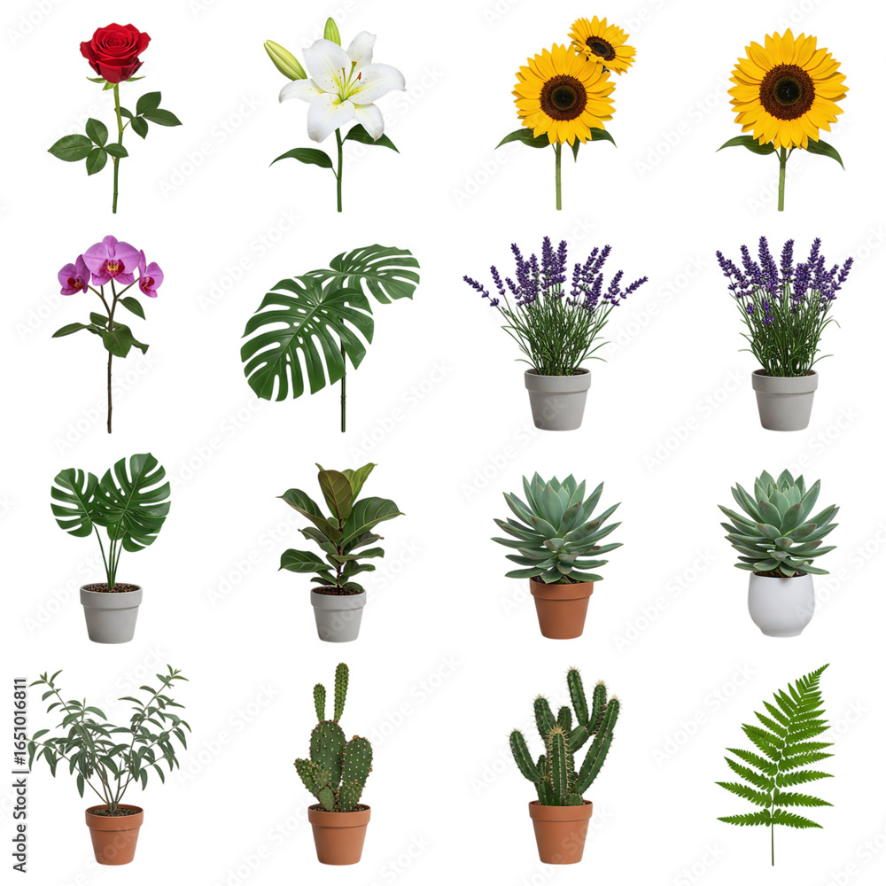 Fototapeta premium Collection of potted plants and flowers isolated on transparent background