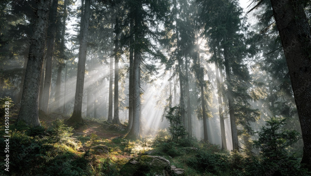 Fototapeta premium Sunbeams pierce a misty forest
