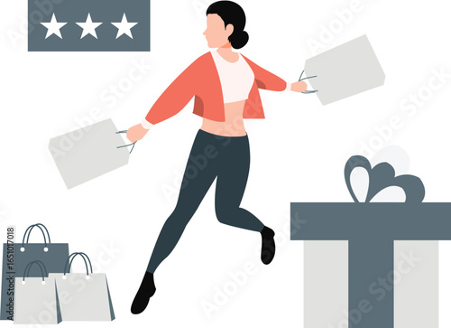 Girl running fast holding shopping bags