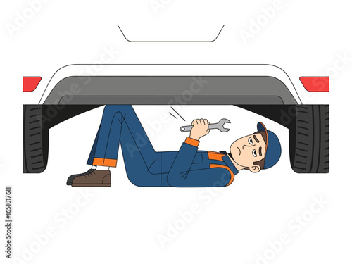 Mechanic Under the Car: A skilled mechanic, poised and focused, delves into the intricate underbelly of a car, expertly wielding a wrench to diagnose and mend any mechanical issue.