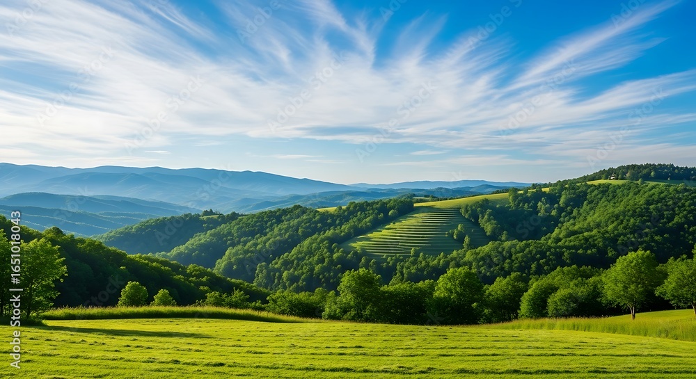 Fototapeta premium Vast green rolling hills and valleys under a dramatic sky with wispy clouds, showcasing the beauty of nature and rural landscape