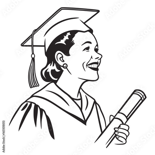Smiling woman in graduation cap holding diploma gown