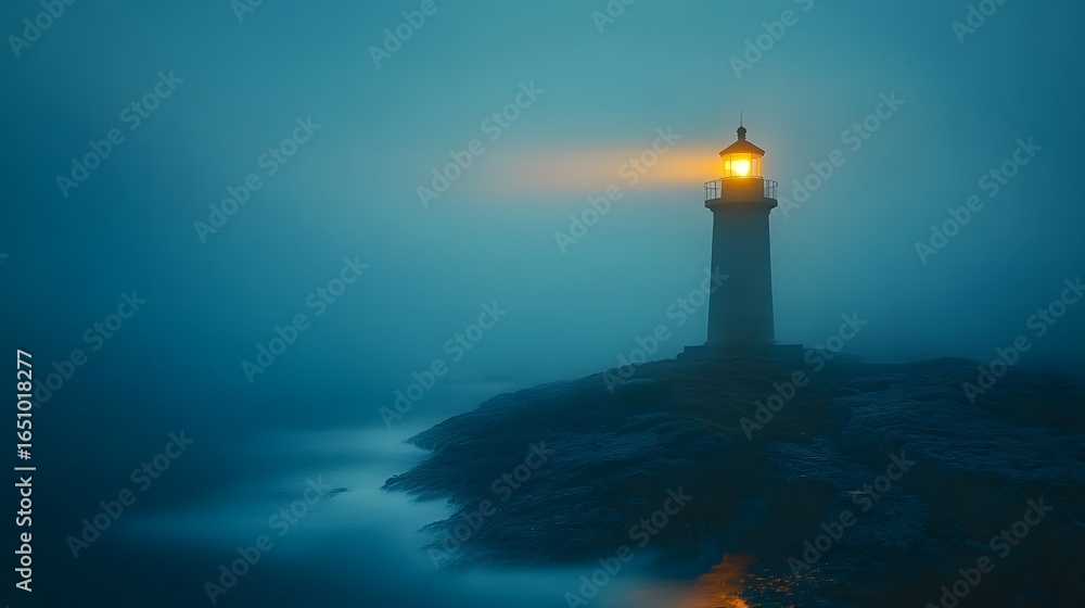 Fototapeta premium A solitary lighthouse emits a bright beam of light into the thick, moody fog that blankets the rocky coastline du the dark hours of a stormy night.