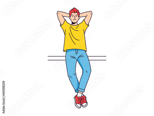 Serene Daydream: A young individual with a cheerful disposition finds solace in a moment of relaxation, leaning with both hands behind his head.