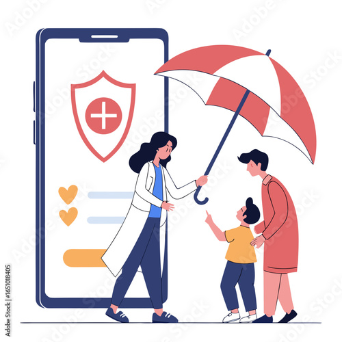 Doctor protecting family with umbrella near phone child