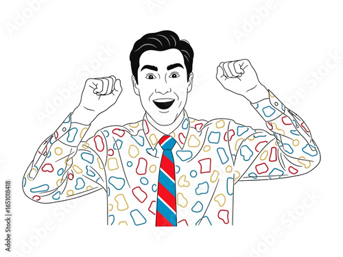 Ecstatic Man's Triumph: An illustrated male figure exudes pure jubilation, his arms raised in a gesture of victorious elation and exuberant triumph, capturing the moment of elated triumph.