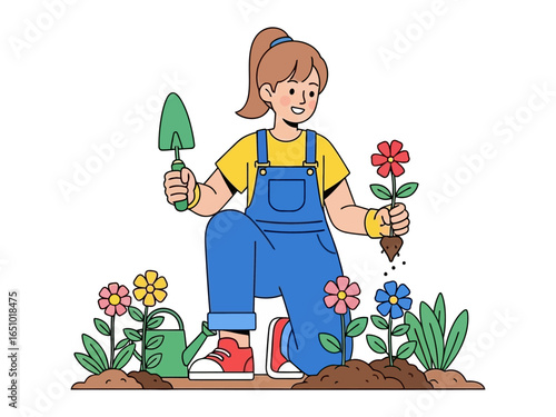 Blooming Garden Bliss: An illustrated woman plants a vibrant flower. She holds a gardening trowel and carefully plants a colorful bloom, surrounded by budding flowers and verdant plants.