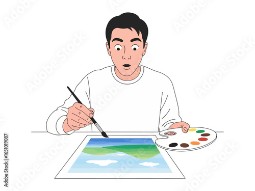 Artistic Revelation: A painter is completely engrossed in the moment, creating a landscape on canvas, with a palette of vibrant colors, fully captivated by their artistic vision.