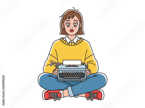Writer's Block: A woman sits dejected, embodying the classic creative writer's dilemma, she staring with an empty typewriter in front of her on the floor 
